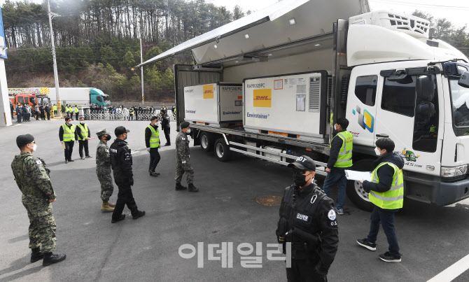 수송차량에 실린 아스트라제네카 백신 확인하는 관계자들                                                                                                                                             