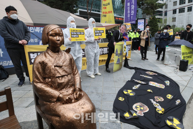 소녀의 상 앞에서 방사능 오염수 해양 방류 중단 촉구                                                                                                                                                