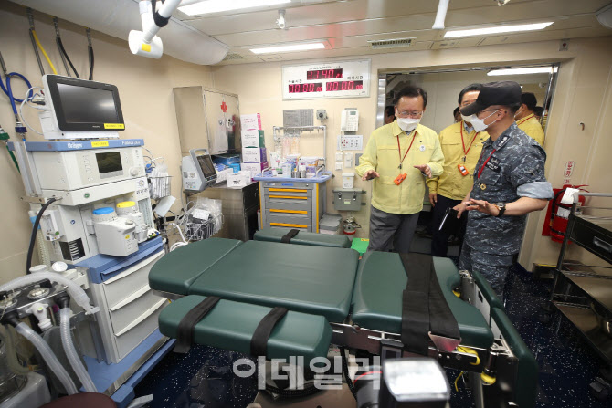 한산도함 접종시설 살펴보는 김부겸 총리                                                                                                                                                            