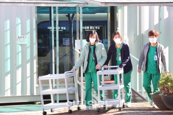 이동형 음압 병실 앞 분주한 의료진                                                                                                                                                                 
