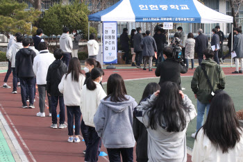 중학교 1교시 코로나19 검사 기다리는 학생들