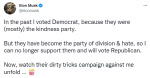 머스크 맹비난…"분열·증오의 민주당에 투표 않겠다"