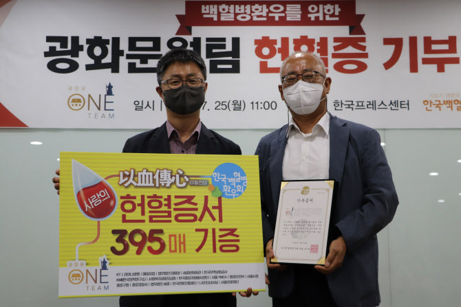광화문원팀, 헌혈증 395장 백혈병환우회 기부