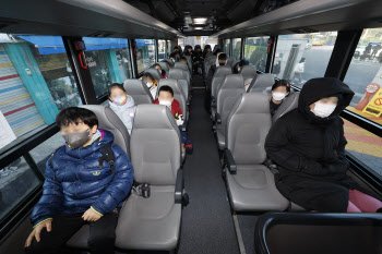 마스크 쓰고 버스에 앉아 있는 학생들