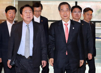 '기후테크 벤처·스타트업 간담회' 참석하는 한덕수 총리-김기문 회장