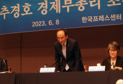 [포토] 관훈클럽 토론회 인사하는 추경호 부총리                                                                                                                                                           
