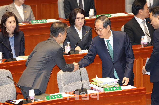 예결위, '인사하는 한덕수-최재해'                                                                                                                                                        