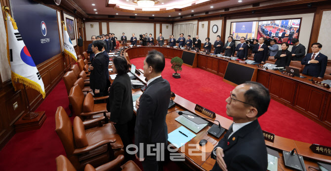 국기에 대한 경례하는 한덕수 총리와 국무위원들                                                                                                                                                     