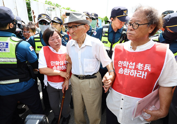  송환추진단과 통일대교 건너는 비전향장기수 안학섭                                                                                                                                                 