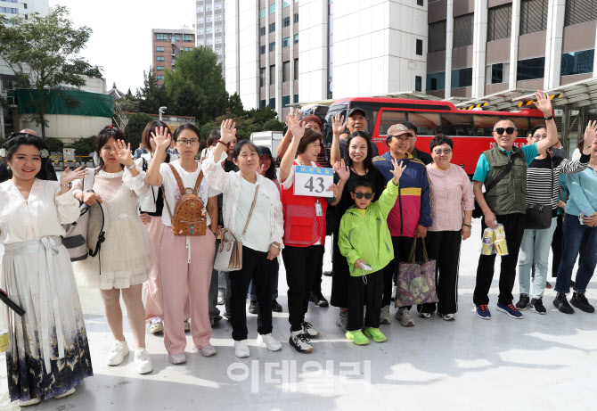  무비자로 한국 관광하는 중국인 단체 관광객                                                                                                                                                        