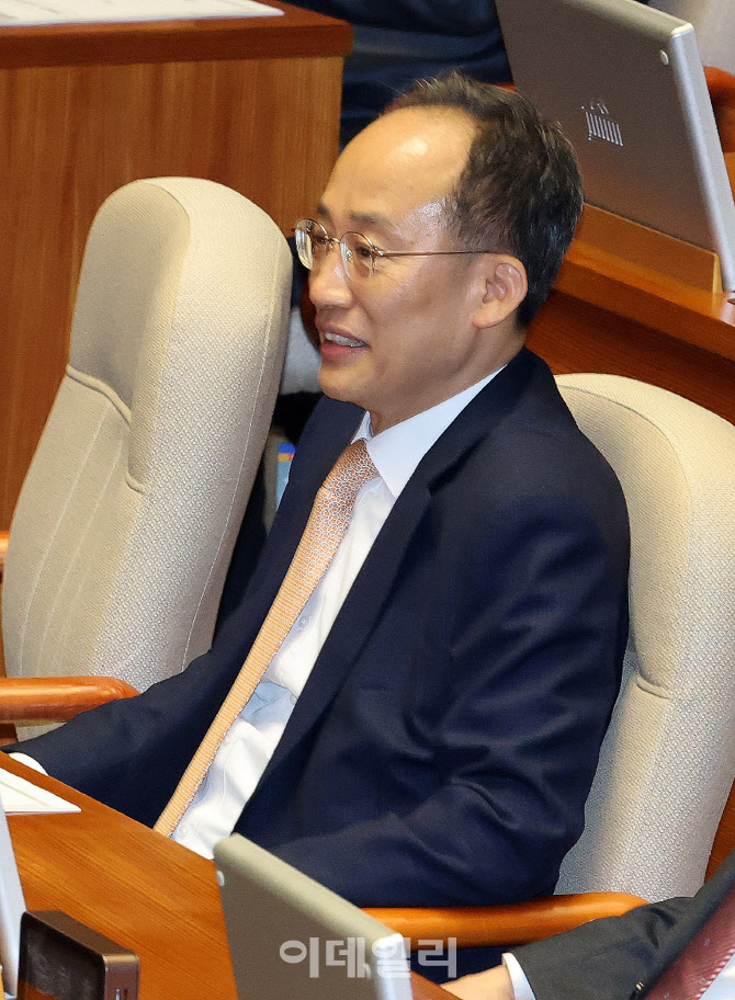 멋쩍은 미소로 의원석에 앉아있는 추경호                                                                                                                                                            