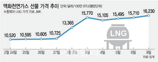 전력생산 상당부분 차지하는데 LNG가격 열흘새 50% 뛰었다
