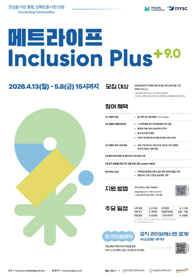 메트라이프생명 사회공헌재단, ‘인클루전 플러스 9.0’ 모집…사회혁신기업 발굴