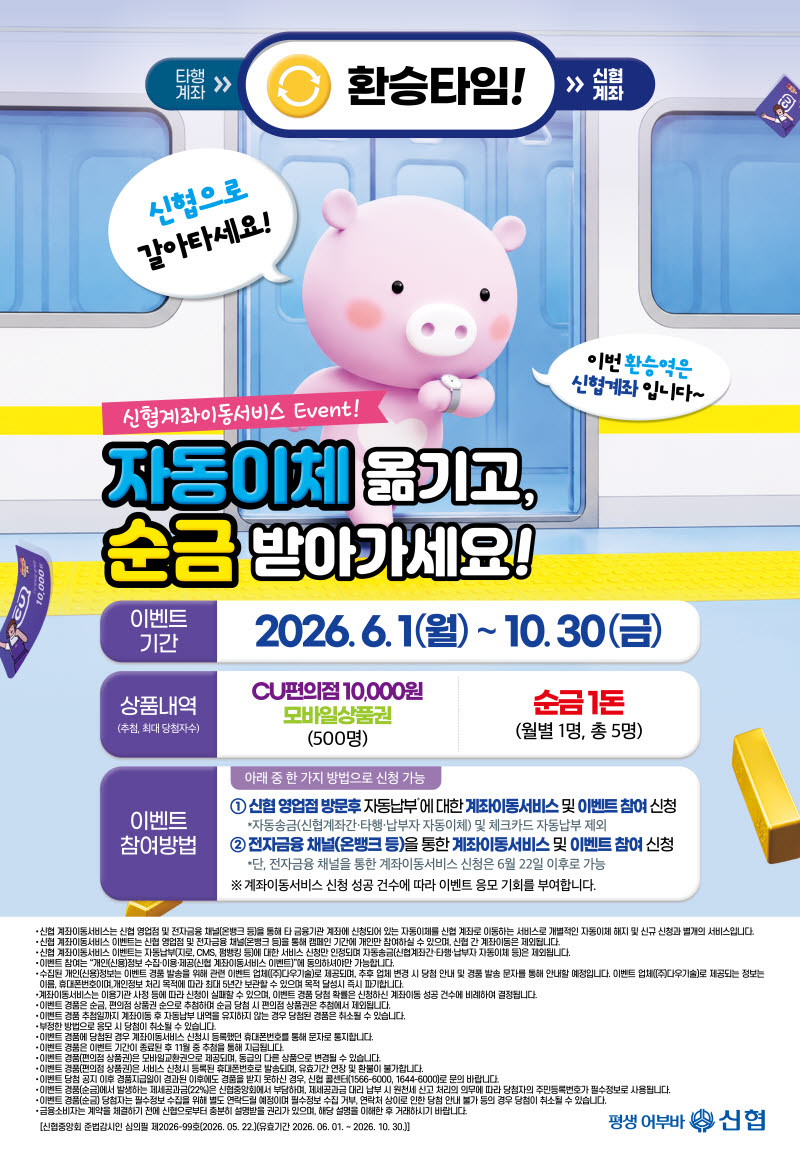 신협, 비대면 계좌이동서비스 출시 기념 이벤트…순금 1돈·모바일 상품권 증정