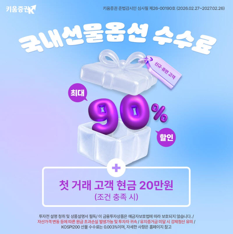 키움증권, 신규·휴면 고객 대상 국내선물옵션 수수료 최대 90% 할인 이벤트