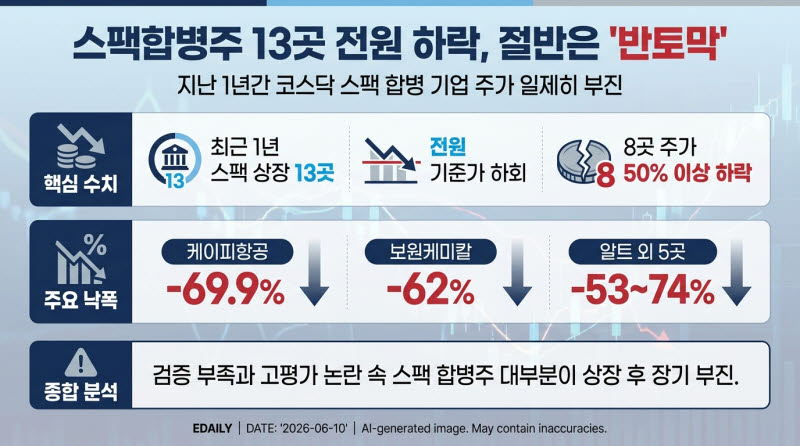"상장 효과 없다" 스팩합병주 13곳 일제히 하락…절반 이상 '반토막'