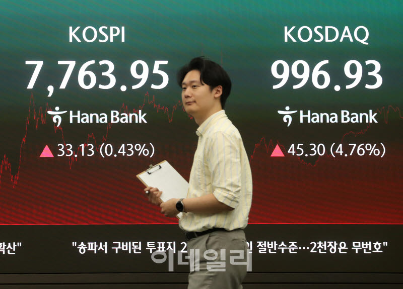 [포토] 코스피지수 7763.95, 코스닥지수 996.93