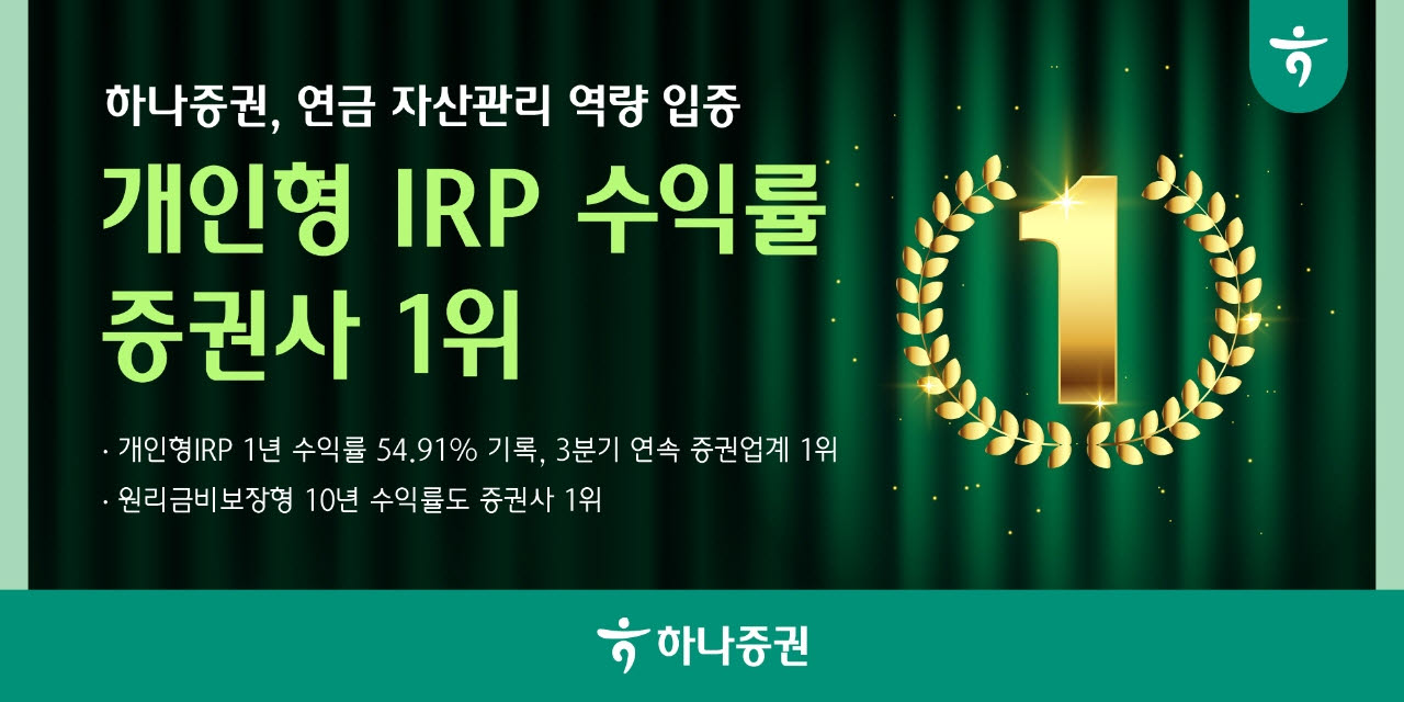하나증권, 개인형 IRP 수익률 증권사 1위…3분기 연속 선두