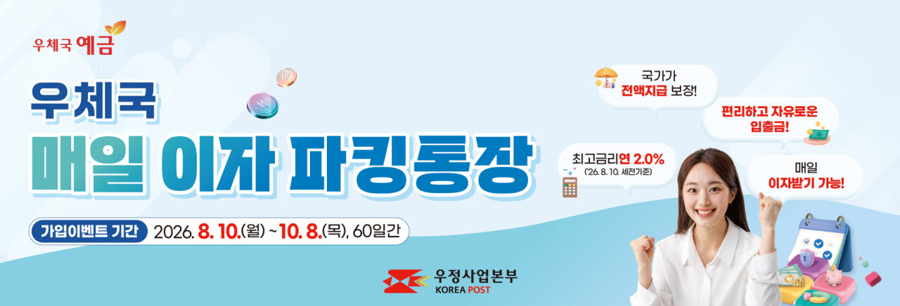 '매일 이자' 2.0% 파킹통장 돌아왔다…우체국, 5만 계좌 한정 특판