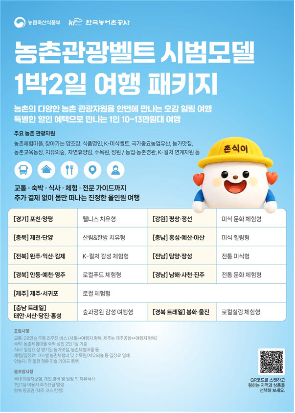 10만원대에 즐기는 농촌 1박2일…미식·치유 여행상품 11개 출시