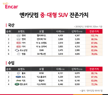 중대형SUV 잔존가치 1위는 '현대 팰리세이드'