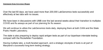  메릴랜드 주정부 "랩지노믹스 진단키트 문제 없다" 성명 발표