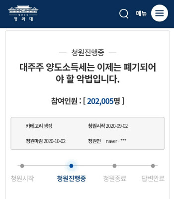 `대주주 3억 하향` 靑 청원 20만 넘겨…"정부가 답할차례"