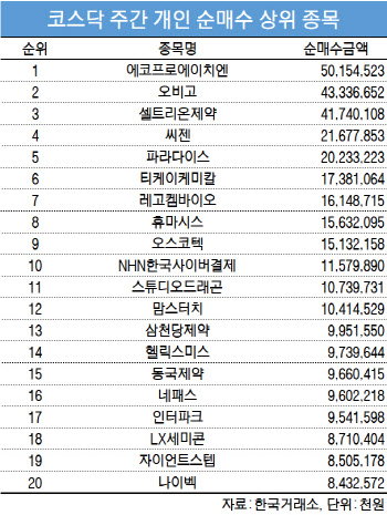 코스닥 주간 개인 순매수 1위 ‘에코프로에이치엔’