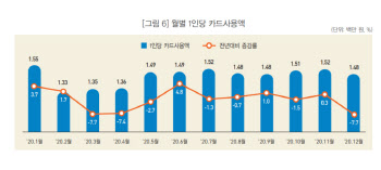 코로나에 작년 1인당 카드사용액 1.5%↓…'집콕' 여성이 남성보다 더 줄어