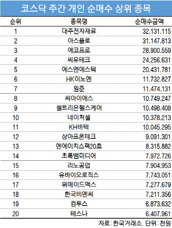 코스닥 주간 개인 순매수 1위 ‘대주전자재료’