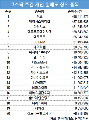 코스닥 주간 개인 순매도 1위 ‘천보’
