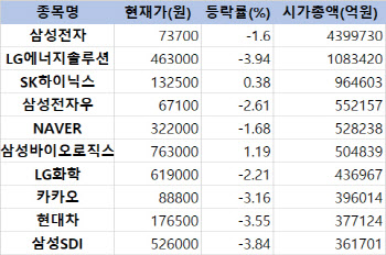 코스피 시총 하루만에 34조원 증발…상위 10개 중 8개 '파란불'