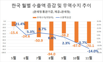 11월 수출 전년比 14.0%↓…둔화폭 확대(상보)