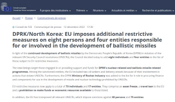 유럽연합, 北독자제재 발표…개인 8명·기관 4곳