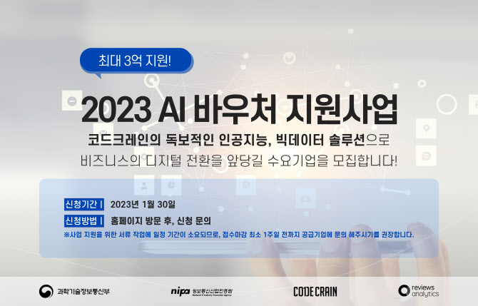 Ai 솔루션 기업 코드크레인, '2023 Ai바우처 지원사업' 수요기업 모집