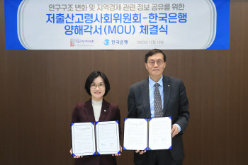 한은, 저출산고령사회위와 MOU 체결…인구구조 변화 연구 강화