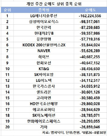 코스피 주간 개인 순매도 1위 'LG에너지솔루션'