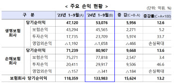 3분기 보험사 실적 개선…부채 증가로 자기자본은 감소