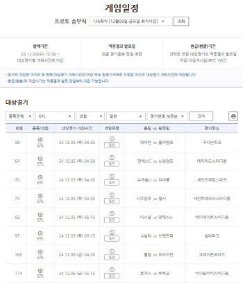 2024-25시즌 프리미어리그 14R 대상 프로토 승부식 146회차 발매 개시