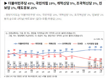 민주 45% 국힘 19%…野, 첫 10% 대 지지율