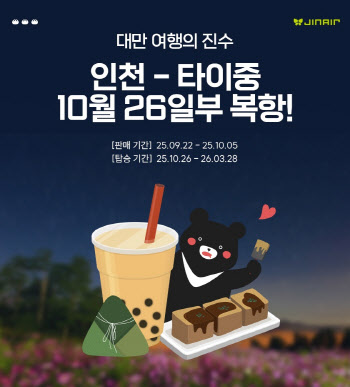 진에어, 10월 26일부터 대만 타이중 운항 재개
