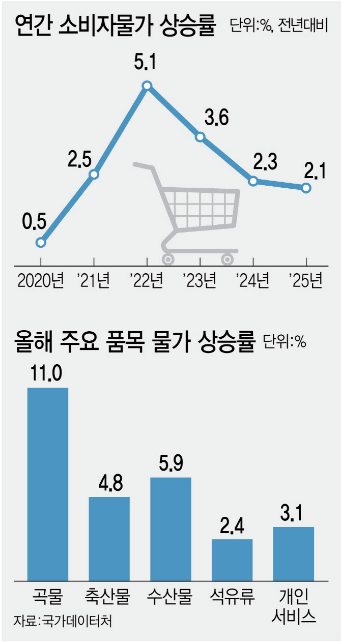 올해 소비자물가 2.1% 상승…고환율에 체감물가는 더 뛰어