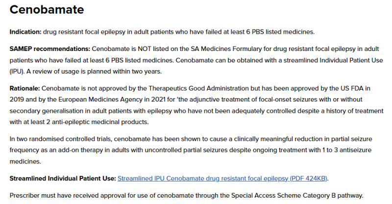 남호주 보건당국 사이트 '고가 의약품 심사 완료 목록(Completed high cost medicine reviews)'에 세노바메이트가 등재돼있는 모습. 사용 대상 환자와 사용 가능 근거, 사용 방법(절차) 등이 기재돼 있다. (출처= 남호주 보건당국)