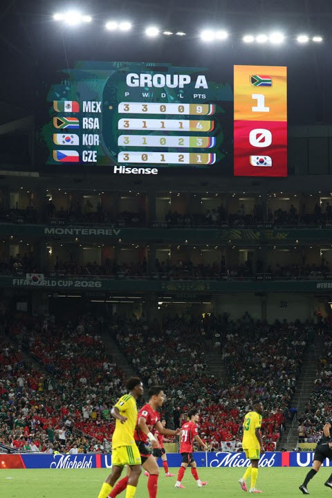 대한민국과 남아공의 2026 국제축구연맹(FIFA) 북중미 월드컵 조별리그 A조 최종 3차전이 열린 멕시코 누에보레온주 과달루페의 몬테레이 스타디움. 한국이 A조 3위로 떨어졌다. 사진=연합뉴스