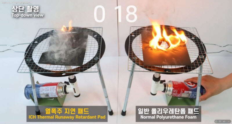 아이씨에이치 안전소재 연소 비교 테스트 이미지. (왼쪽)자사 개발 소재 적용 시 화염 확산 억제, (오른쪽) 미적용 시 화염 확산 (사진=아이씨에이치)