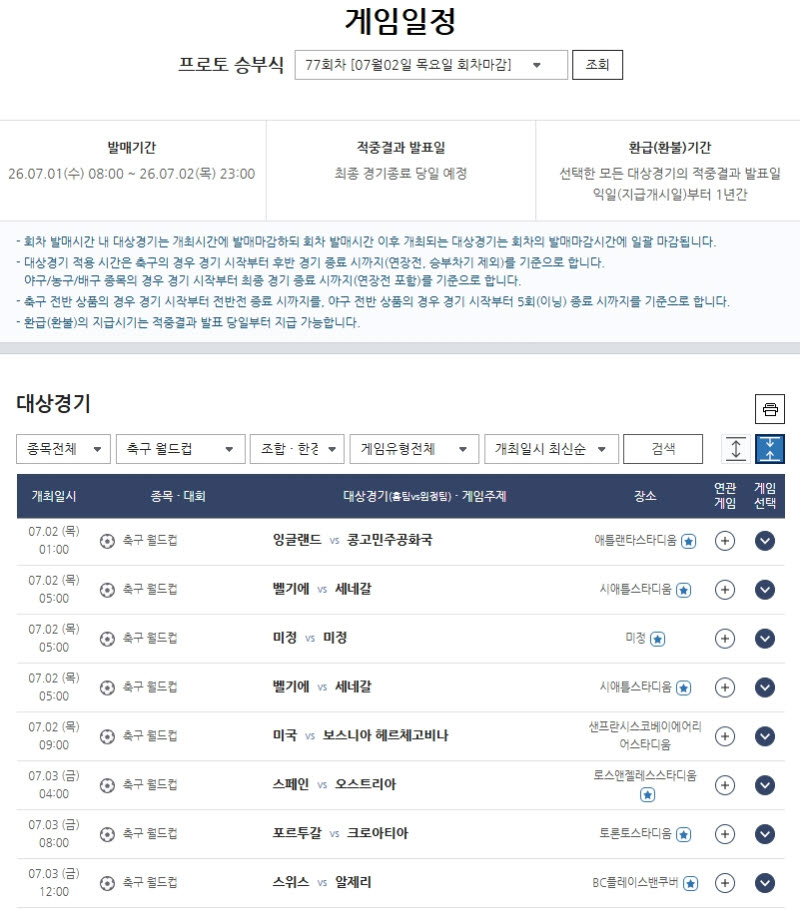 프로토 승부식 77회차, 북중미 월드컵 32강 주요 경기 대상… 승무패, 핸디캡 등 다양한 유형 발매