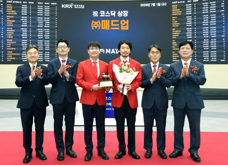 한국거래소 코스닥시장본부가 1일 오전 서울사옥 홍보관에서 매드업의 코스닥시장 상장기념식을 개최하고 있다. 왼쪽부터 박종식 한국IR협의회 부회장, 최지우 한국거래소 코스닥시장본부장보, 이주민 매드업 대표이사, 이동호 매드업 대표이사, 성주완 미래에셋증권 IB1부문 대표, 안승근 코스닥협회 부회장. (사진=한국거래소)