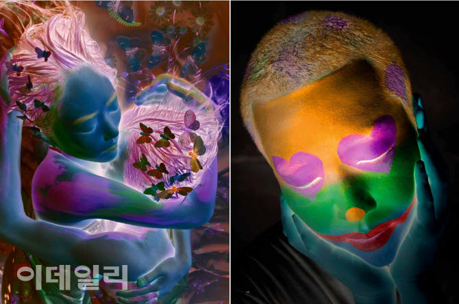 ‘멸종위기에 처한 동물의 초상’에 몰두하기 이전 고상우의 작업. 왼쪽은 ‘태양이 사랑을 품을 때’(When the Sun Is In Love, 2009, 112×162㎝·왼쪽), 오른쪽은 ‘피에로’(Pierrot, 2012, 102×127㎝)다. 20주년을 기념해 네덜란드에서 제작한 도록 ‘고상우 20년’(페이퍼타운북스 2020)에서 얻었다. 이번 개인전에는 출품하지 않은 작품들이다(제공=고상우 작가).