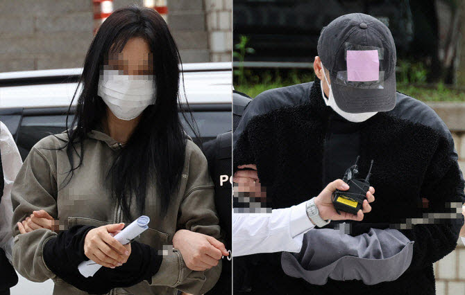 축구 국가대표팀 주장 손흥민의 아이를 임신했다고 주장하며 손 씨에게 돈을 뜯어내려 한 20대 여성 양모 씨(왼쪽)와 40대 남성 용모 씨가 지난해 5월 17일 영장실질심사를 받기 위해 서울중앙지법에 들어서고 있다 (사진=연합뉴스)