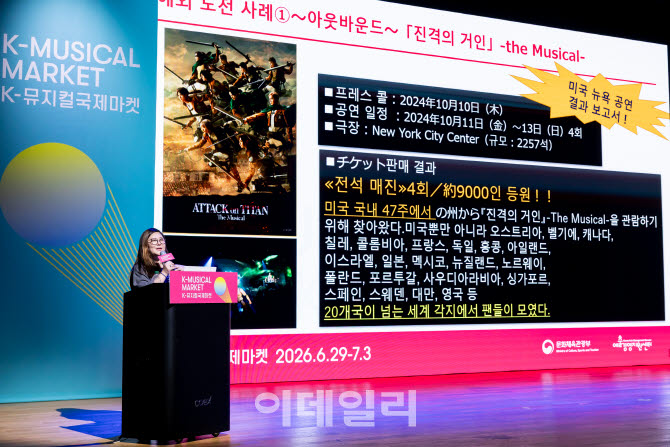 일본 뮤지컬 제작사 ‘넬케플래닝’의 노가미 쇼코 대표가 2일 서울 강남구 코엑스에서 열린 ‘2026 K뮤지컬 국제마켓’에서 발표하고 있다. (사진=예술경영지원센터)